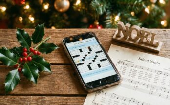 Illustration of a festive 5x5 crossword grid surrounded by Christmas decorations like holly and ornaments, representing today's puzzle theme.