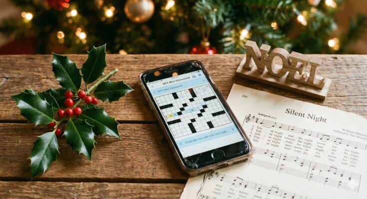 Illustration of a festive 5x5 crossword grid surrounded by Christmas decorations like holly and ornaments, representing today's puzzle theme.