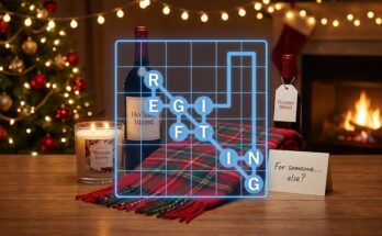 Illustration of the NYT Strands board for December 22, 2025, featuring the theme "Pass it along" and regifting items like a candle and scarf.