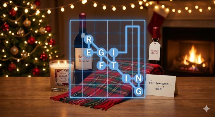 Illustration of the NYT Strands board for December 22, 2025, featuring the theme "Pass it along" and regifting items like a candle and scarf.