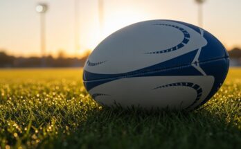 Wordle answer for December 18, 2025: A rugby ball resting on a grass field at sunset.