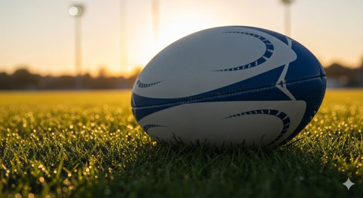 Wordle answer for December 18, 2025: A rugby ball resting on a grass field at sunset.