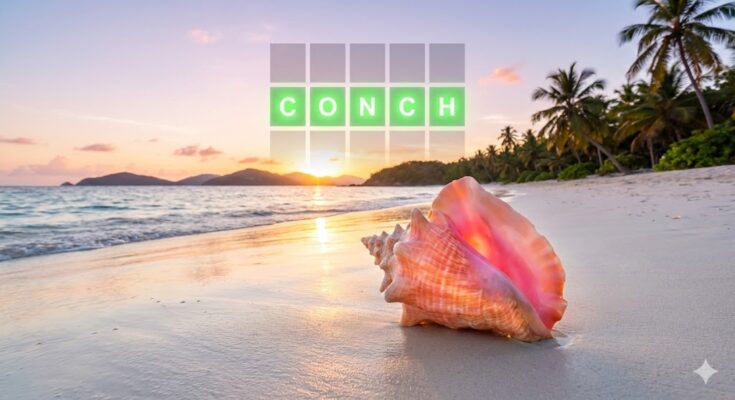 Illustration of a tropical beach scene with a Wordle grid overlaid, hinting at the word CONCH.