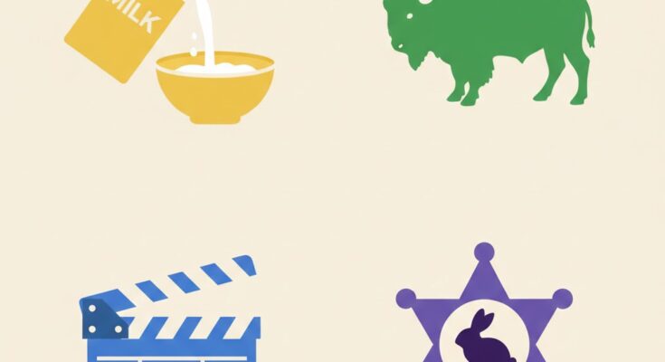 Illustration of the NYT Connections grid for Jan 26, featuring icons for a Badge, a Cow, a Film Reel, and a Milk carton representing the puzzle themes.