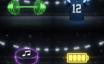 Illustration of the NYT Connections Sports Edition grid for Jan 27, featuring icons for a barbell, a football helmet, a hockey puck, and a battery gauge running low.