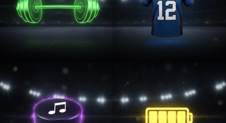 Illustration of the NYT Connections Sports Edition grid for Jan 27, featuring icons for a barbell, a football helmet, a hockey puck, and a battery gauge running low.