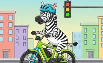Illustration of a zebra riding an electric bike through a city street, representing the answers ZEBRA and EBIKE from today's puzzle.