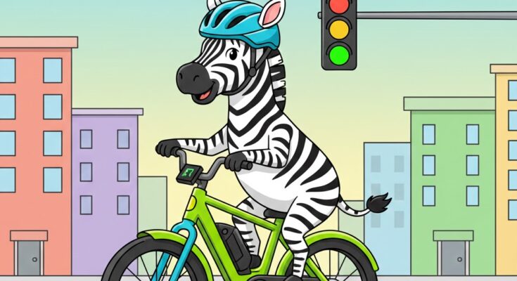 Illustration of a zebra riding an electric bike through a city street, representing the answers ZEBRA and EBIKE from today's puzzle.