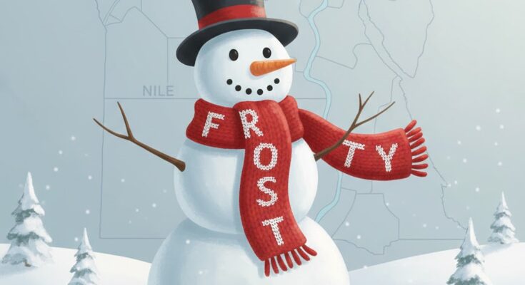 Illustration of a snowman wearing a colorful scarf, representing the clue 'Bit of clothing for a snowman' from today's puzzle.