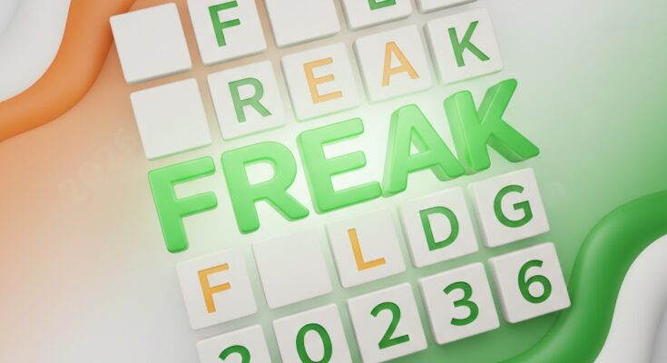 Illustration of the Wordle grid for January 26, 2026, revealing the answer FREAK against a vibrant background.