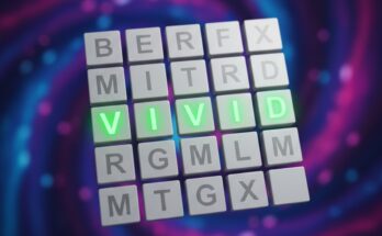 Illustration of the Wordle grid for January 27, 2026, revealing the answer VIVID with a colorful, glowing effect.