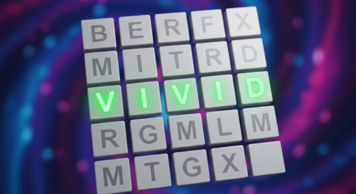Illustration of the Wordle grid for January 27, 2026, revealing the answer VIVID with a colorful, glowing effect.