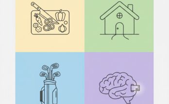 Illustration of the NYT Connections grid for Feb 3, featuring icons for a golf iron, a house, a pair of dice, and a memory card.