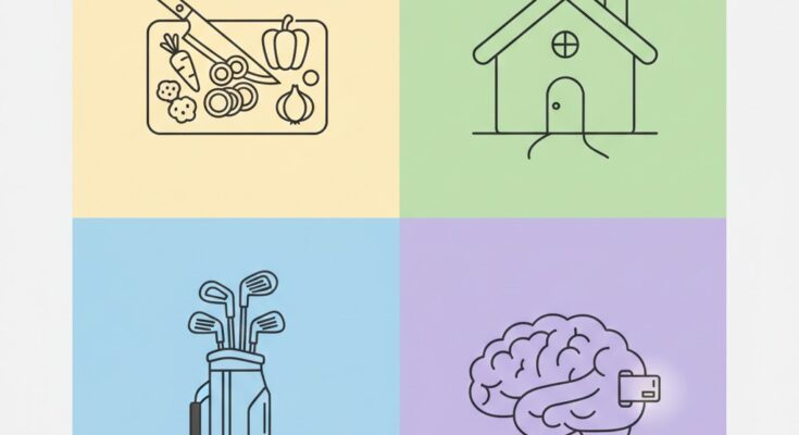 Illustration of the NYT Connections grid for Feb 3, featuring icons for a golf iron, a house, a pair of dice, and a memory card.