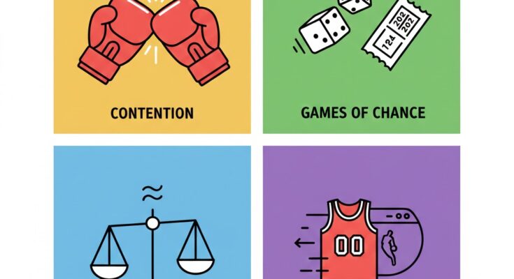 Illustration of the NYT Connections grid for Feb 4, featuring icons for a pair of dice, a basketball hoop, a 'vs' symbol, and a question mark.