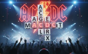 Illustration of a rock concert stage with AC/DC lightning bolt logo, representing the clue 'Rock band with albums like High Voltage' from today's puzzle.