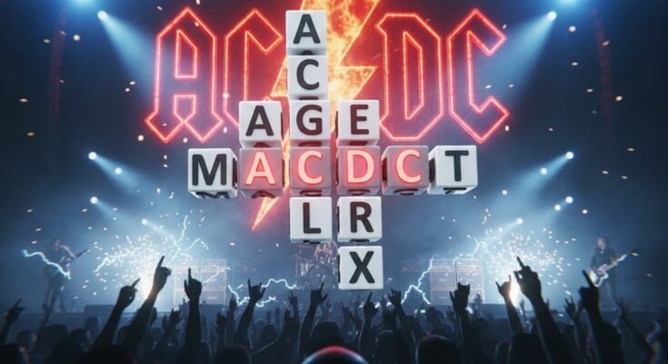 Illustration of a rock concert stage with AC/DC lightning bolt logo, representing the clue 'Rock band with albums like High Voltage' from today's puzzle.