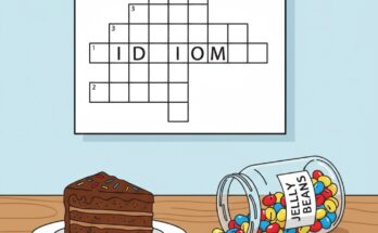 Illustration of a piece of cake and a jar of spilled beans, representing the clue 'Piece of cake or spill the beans' (IDIOM) from today's puzzle.