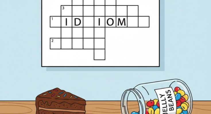 Illustration of a piece of cake and a jar of spilled beans, representing the clue 'Piece of cake or spill the beans' (IDIOM) from today's puzzle.