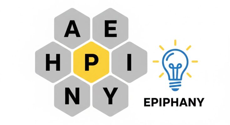 Illustration of the NYT Spelling Bee honeycomb grid for February 2, 2026, with the letter P in the center and A, E, H, I, N, Y surrounding it.