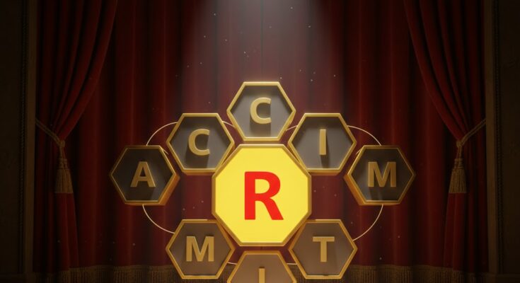 Illustration of the NYT Spelling Bee honeycomb grid for February 3, 2026, with the letter R in the center and A, C, D, I, M, T surrounding it.