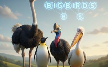 Illustration of the NYT Strands board for February 2, 2026, featuring the theme "Formidable Flock" and large birds like Ostrich and Penguin.