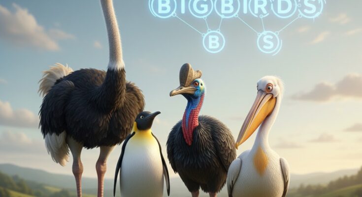 Illustration of the NYT Strands board for February 2, 2026, featuring the theme "Formidable Flock" and large birds like Ostrich and Penguin.