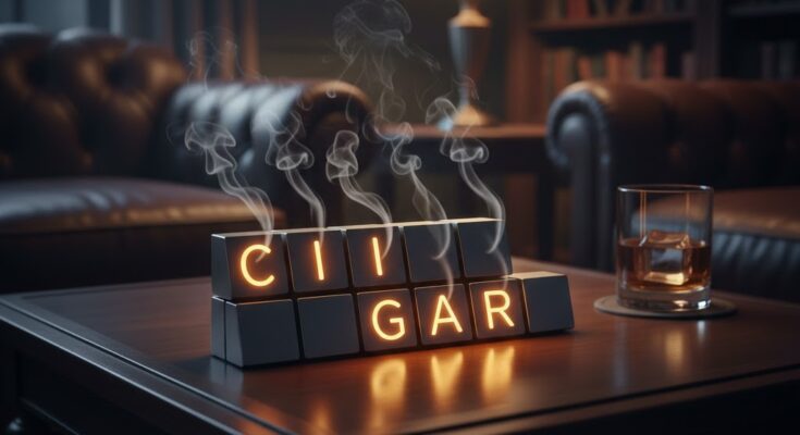 Illustration of the Wordle grid for February 2, 2026, revealing the answer CIGAR with a smoky effect.