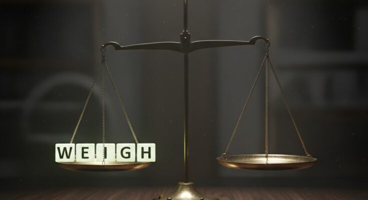 Illustration of the Wordle grid for February 3, 2026, revealing the answer WEIGH with a balance scale graphic.