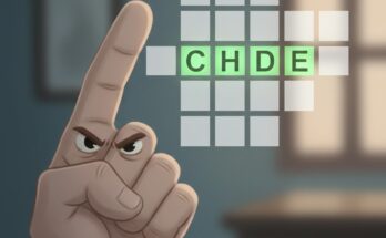 Illustration of the Wordle grid for February 4, 2026, revealing the answer CHIDE with a stern finger-wagging graphic.