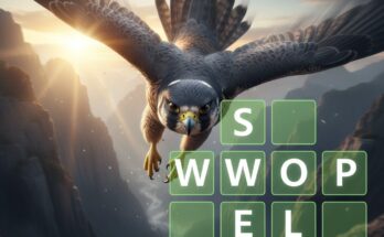 Illustration of the Wordle grid for February 5, 2026, revealing the answer SWOOP with a dynamic bird graphic.