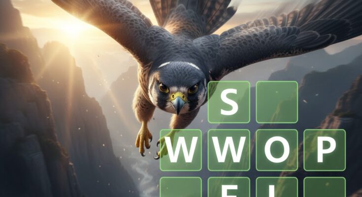 Illustration of the Wordle grid for February 5, 2026, revealing the answer SWOOP with a dynamic bird graphic.